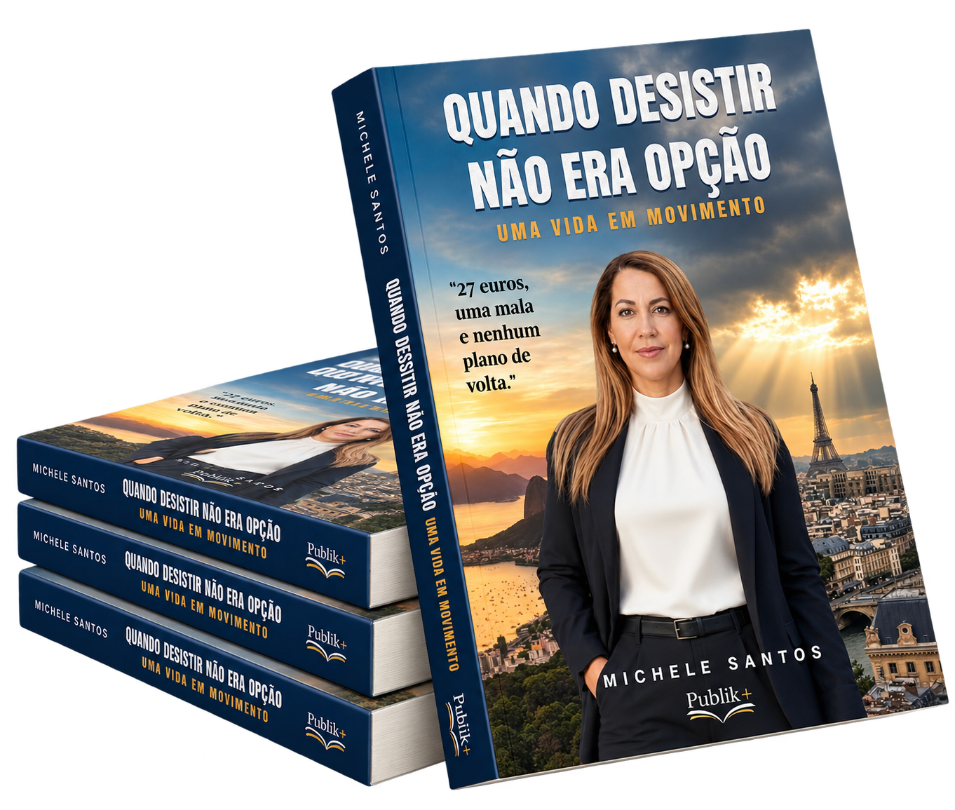 Mockup do livro Quando desistir não era opção, de Michele Santos, com um exemplar em pé e três empilhados